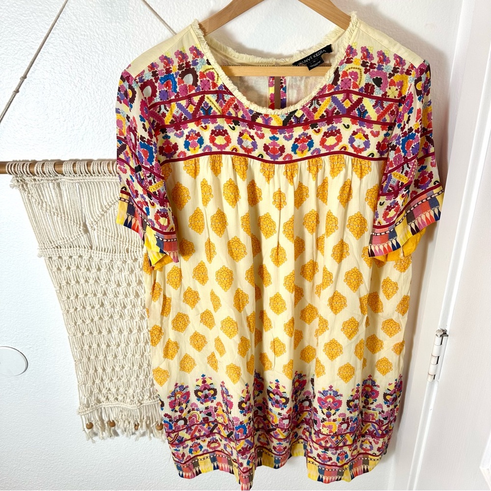 Tanvi Kedia Anthropologie Bohemian Yellow Boho Embroidered Hippie Dress 1X